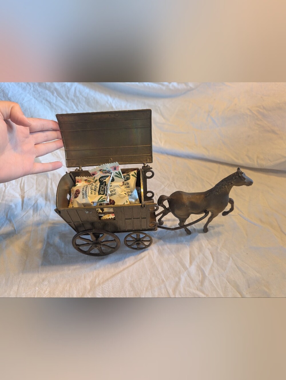 Vintage Brass Horse-Drawn Wagon Candy Dish
